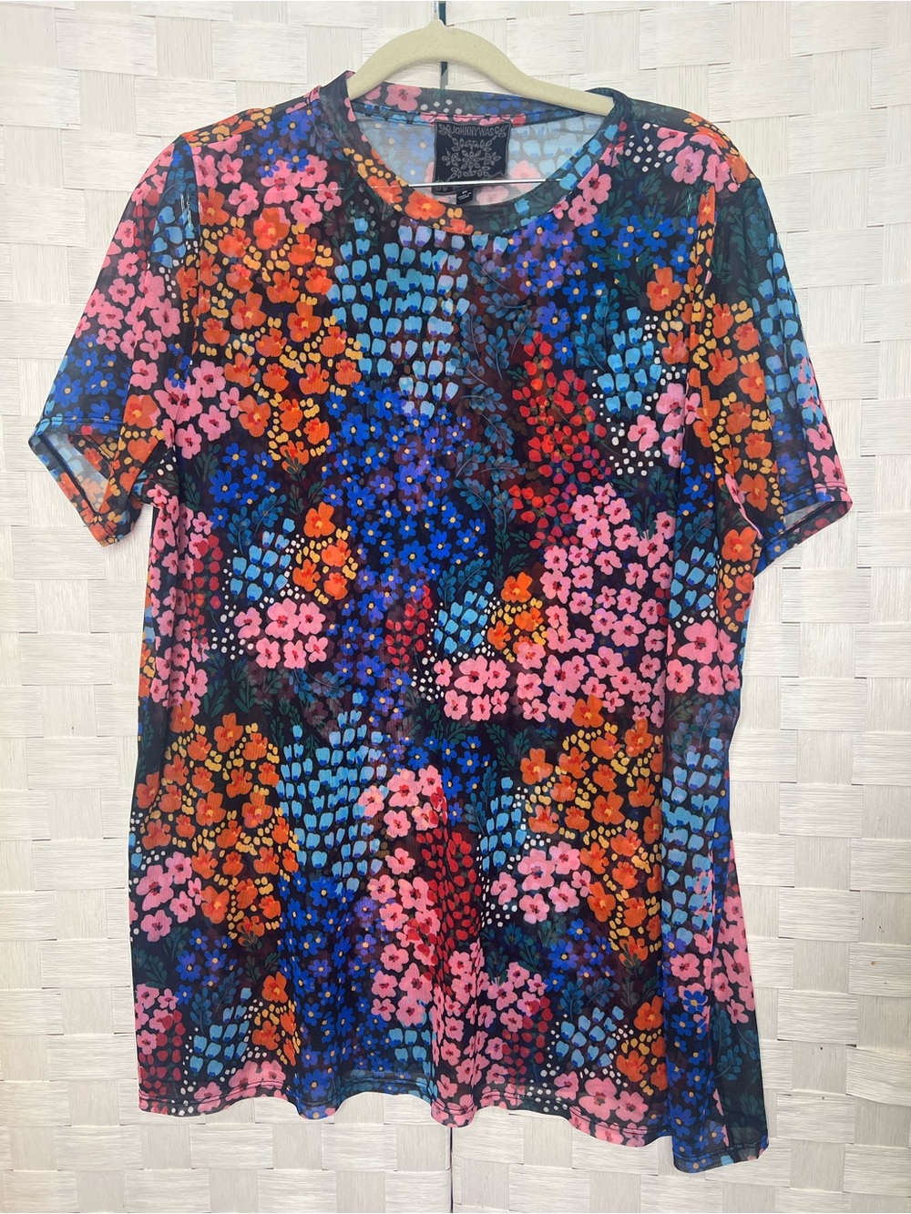 Johnny Was Floral Mesh Stretch Top Size 2X Multicolor Sheer Short Sleeve